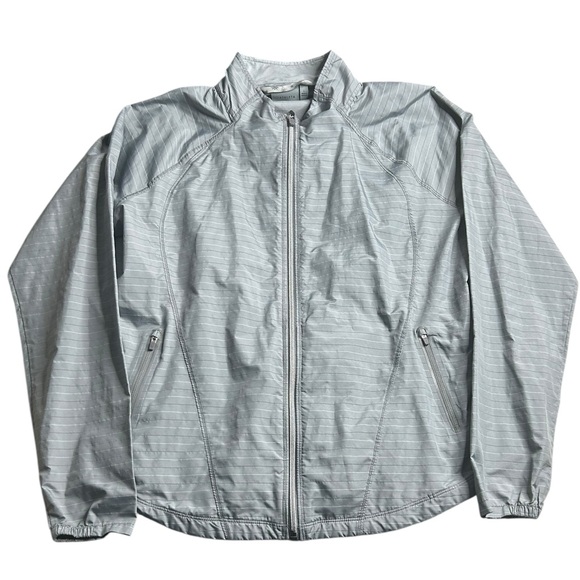 Athleta Women’s Gray Full Zip Packable Windbreaker Jacket Sz L Reflective Vented - Picture 1 of 5